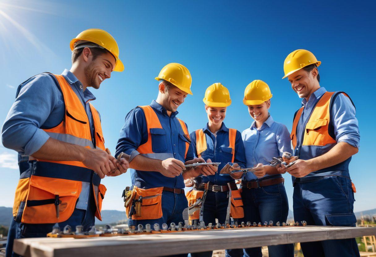 A dynamic construction scene with a diverse group of happy workers using super clamps and premium fasteners. Emphasize collaboration and positivity, with bright sunlight illuminating their smiles. Showcase precision tools and colorful fasteners that suggest high quality. Add blueprints in the background to hint at project planning. Capture the essence of teamwork and innovation. super-realistic. vibrant colors. blue sky.