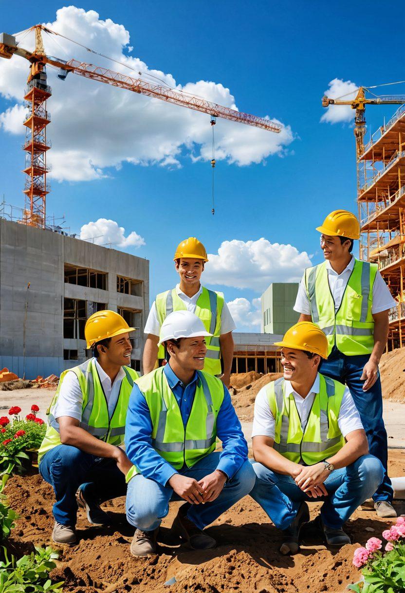 A serene construction site where workers are joyfully collaborating, utilizing high-quality tools and hardware. Surrounding them, showcase vibrant green landscapes and blooming flowers symbolizing transformation and happiness. Include a bright blue sky with soft clouds. The scene should radiate positivity and efficiency, portraying the impact of quality hardware on construction experiences. super-realistic. vibrant colors. white background.