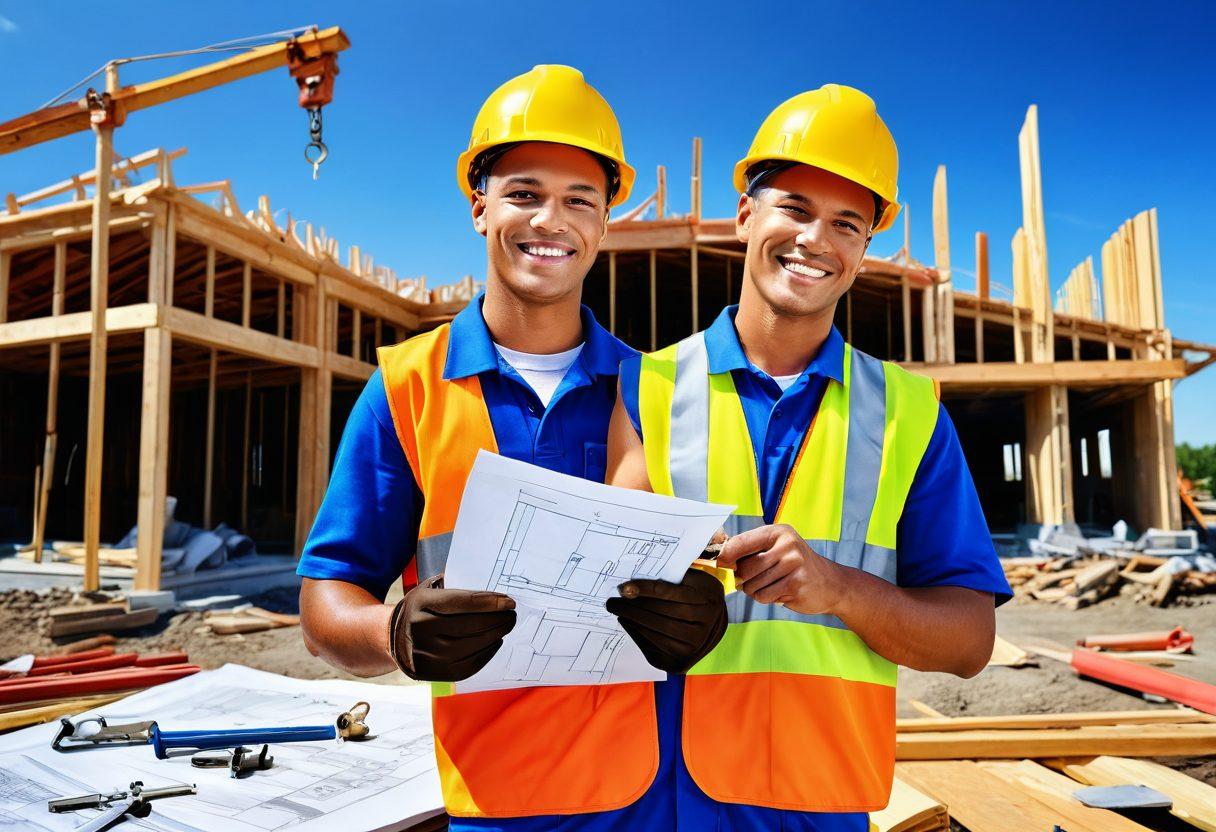 A vibrant construction scene featuring various essential tools like clamps, hammers, and safety gear, all arranged creatively around a cheerful construction worker holding a blueprint. The background showcases a partially built structure under a bright blue sky, symbolizing progress and joy in construction. The atmosphere feels energetic and optimistic. super-realistic. vibrant colors. 3D.